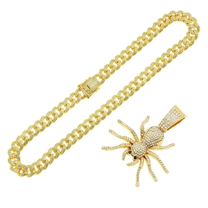 Hip hop spider pendant necklace with iced out crystals and gold cuban link chain