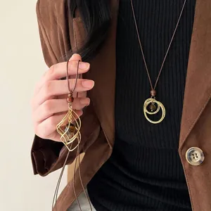Collier Long Pendentif Vintage Alliage Plaqué Or Pierre Oeil De Tigre Géométrique Cercle Losange Chaîne Pull