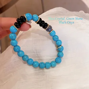 Handmade beaded bracelet with turquoise, black onyx and crystal stones for women