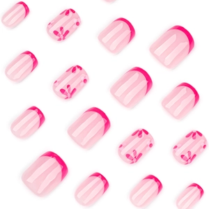 French style red press-on nails with short square shape and delicate floral patterns