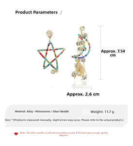Detailed view of colorful rhinestone star and moon earrings with exact size measurements
