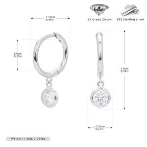 Detailed size chart for S925 sterling silver hoop earrings with round colored gemstones