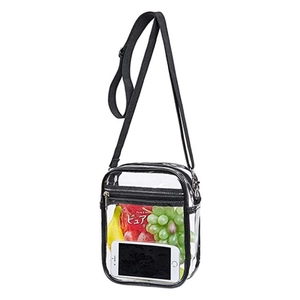 Transparent PVC crossbody bag with black trim and adjustable strap for travel storage