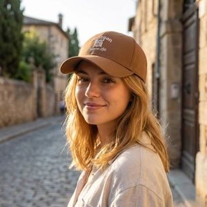 Brown cotton baseball cap with white letter embroidery shown in an outdoor urban setting