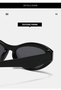 Detail showing the glossy black oval frame texture and wide temple of these trendy sunglasses