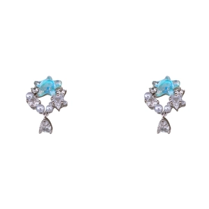 Elegant silver star earrings with blue resin, pearls and hanging waterdrop zircons