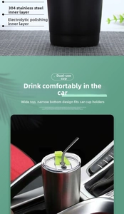 Detail view of double-walled 20oz tumblers with steel straws in car cup holders