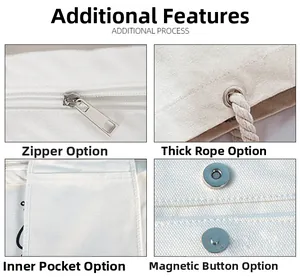 Detail view of canvas bag features showing metal zipper, rope handles and inner pocket