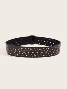 Detail of black PU leather belt featuring gold metal rivets and eyelets with D-ring buckle