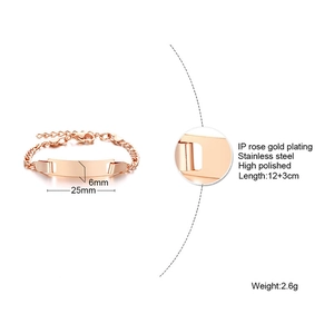 Adjustable rose gold stainless steel kids bracelet with engravable ID plate and sizing