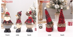 Detailed views of Christmas plush dolls showing front, side, and back in red plaid fabric