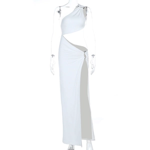 Detail of white one-shoulder dress featuring side waist cutout and metal ring accent