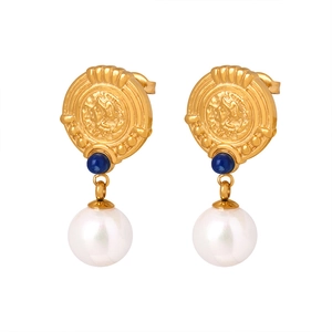 French vintage 18K gold-plated drop earrings with blue bead and large white pearl