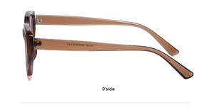 Side view of amber cat eye glasses frame showing temple dimensions and CE mark detail