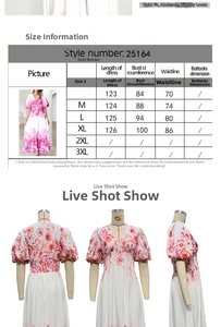 Detailed size chart for floral print V-neck maxi dress with bubble sleeves for women