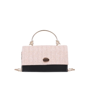 Fashion woven patchwork handbag with black leather base and gold metal handle