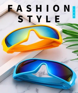 Macro view of wrap-around sports sunglasses with vibrant yellow and blue frames