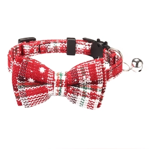 Christmas plaid pet collar with snowflake pattern, bow tie and silver bell for cats and dogs