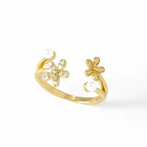 Elegant gold flower ring with sparkling crystals, pearls and adjustable open band design