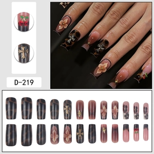 Retro brown floral press-on nails set with leopard print and cherry rhinestone charms