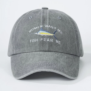 Vintage washed gray baseball cap featuring FISH FEAR ME embroidery and marlin design