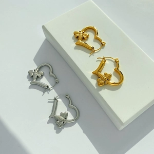 Creative stainless steel heart shaped hoop earrings with small honeybee detail in gold and silver