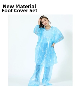 Detail of light blue transparent raincoat set with hooded jacket and full-foot trousers