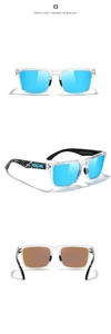 Three-view display of polarized sunglasses with ice blue mirrored lenses and splatter frames