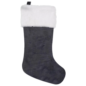 Detail of grey velvet Christmas stocking with white faux fur cuff and hanging loop
