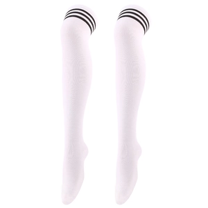 Close-up of white over-knee socks with black triple stripes on a clean white background