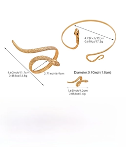 Size specifications for the gold snake bracelet and ring set showing exact dimensions