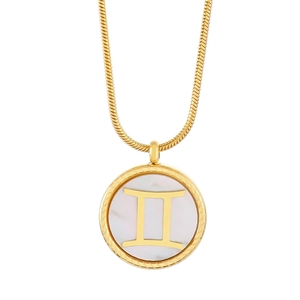 Golden Gemini zodiac necklace with shell inlay and snake chain on white background