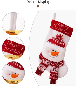Detailed view of knitted Christmas stocking with 3D snowman and Merry Christmas embroidery