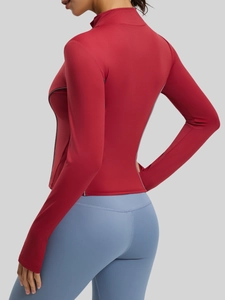 Slim fit long sleeve red jacket and blue leggings yoga set with reflective details