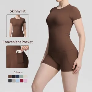 Ensemble de Yoga en Nylon Brossé Élasthanne pour Femmes Coupe Slim Haut et Bas Décontracté Sportif Course Fitness Gym Survêtement Sport