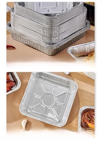 Detail of disposable square aluminum foil pans with rolled edges for air fryer baking