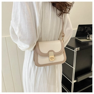 Detail of color-block square bag featuring golden turn-lock and premium faux leather finish