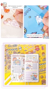 Macro detail of waterproof PET stickers showing transparent texture and easy-peel design