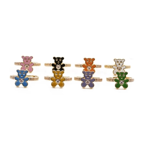 Detailed set of colorful bear rings with gold plating and heart-shaped crystals