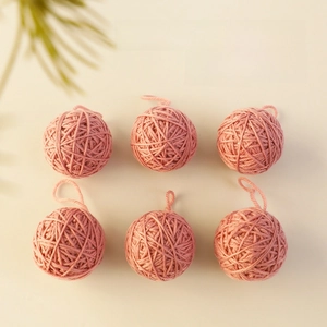 Set of 6 pink wool knitted Christmas ball ornaments with texture and hanging loops