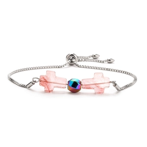 Detail view of pink stone crosses and adjustable silver box chain with pull clasp