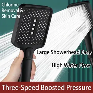 Matte black handheld square pressurized shower head with three adjustable modes