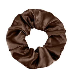 Close-up of a premium dark brown satin scrunchie with silky texture and folds