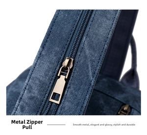 Detailed macro view of vintage bronze zipper and blue denim texture on backpack