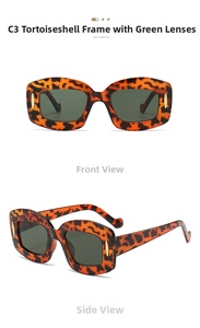 Detail view of Y2K square tortoiseshell sunglasses with green lenses and gold accents