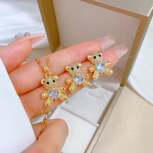 Titanium steel teddy bear jewelry set with purple heart zircon and micro-pave crystals