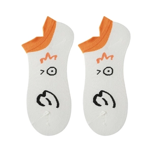 Funny cartoon white goose ankle socks with orange cuff and cute chick face pattern