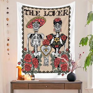 Detail of The Lover tarot tapestry featuring skeletons and red roses in a cozy room
