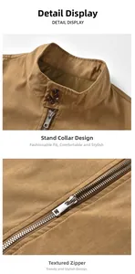 Detail der khakifarbenen Freizeitjacke mit Stehkragen, Knöpfen und Metallreißverschluss