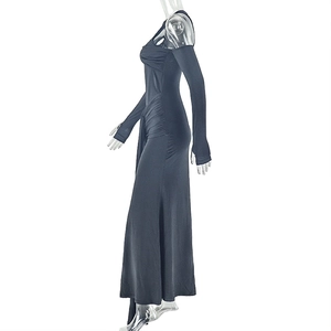 Detail view of black bodycon maxi dress with side ruched drawstring and tie-up design